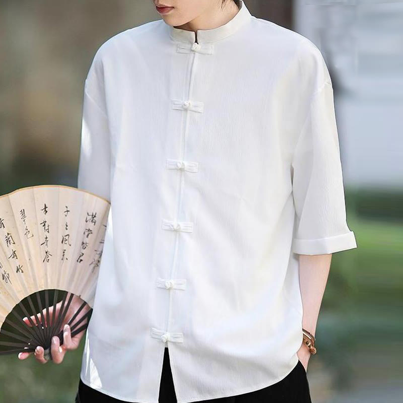 Camisa de manga corta para hombre con diseño de botones de rana y traje Tang liso con Buddha Stones