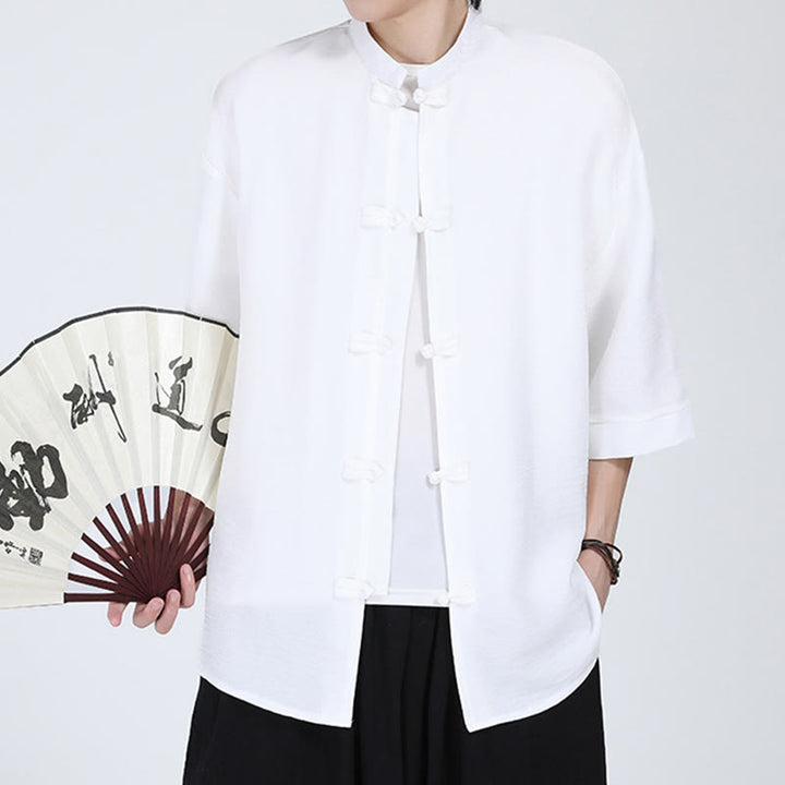 Camisa de manga corta para hombre con diseño de botones de rana y traje Tang liso con Buddha Stones