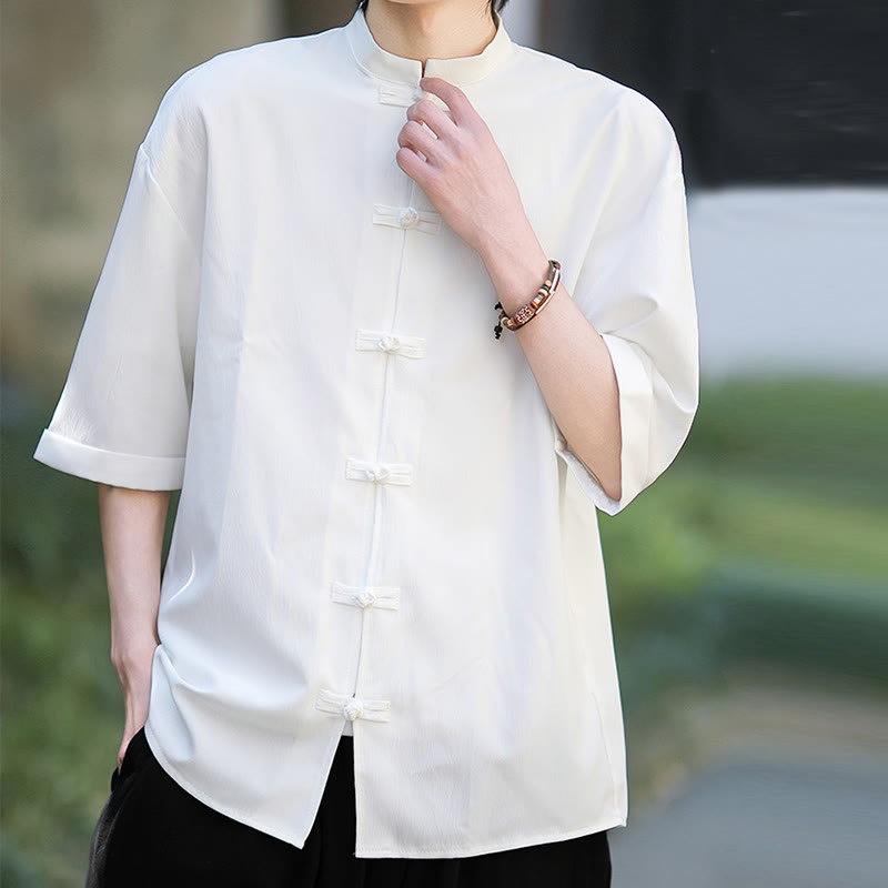 Camisa de manga corta para hombre con diseño de botones de rana y traje Tang liso con Buddha Stones