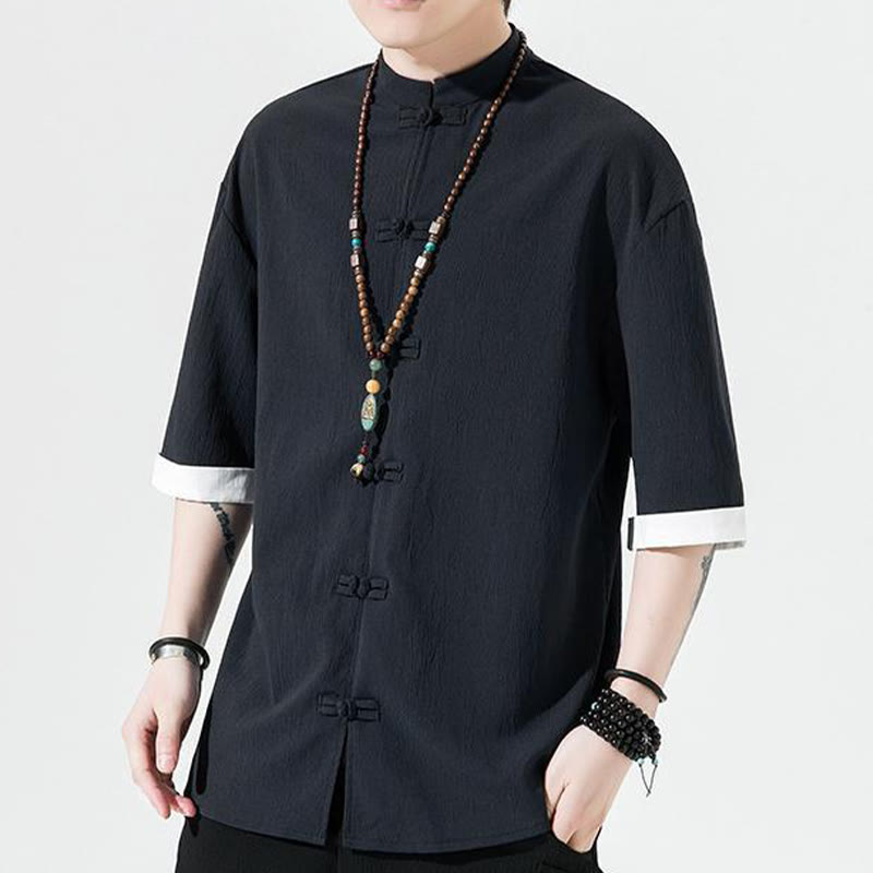 Camisa de manga corta para hombre con diseño de botones de rana y traje Tang liso con Buddha Stones
