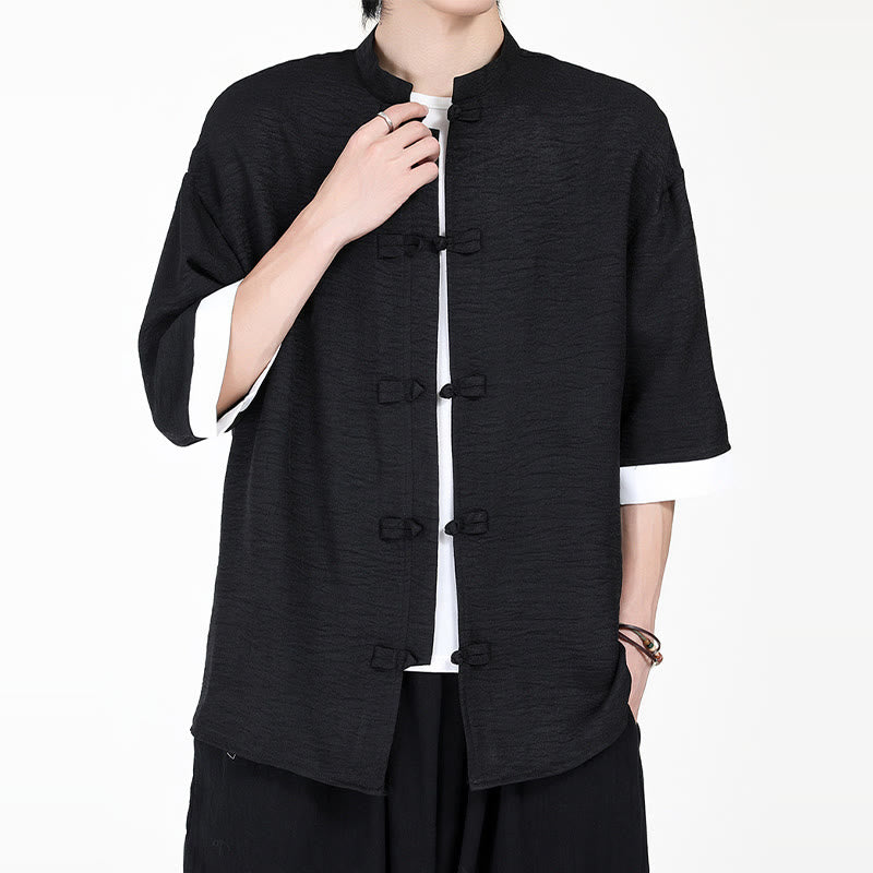 Camisa de manga corta para hombre con diseño de botones de rana y traje Tang liso con Buddha Stones