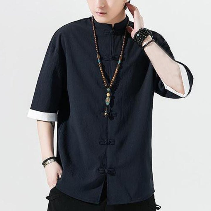 Camisa de manga corta para hombre con diseño de botones de rana y traje Tang liso con Buddha Stones