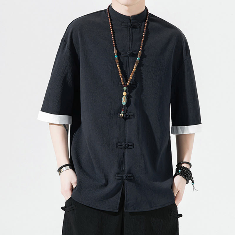 Camisa de manga corta para hombre con diseño de botones de rana y traje Tang liso con Buddha Stones