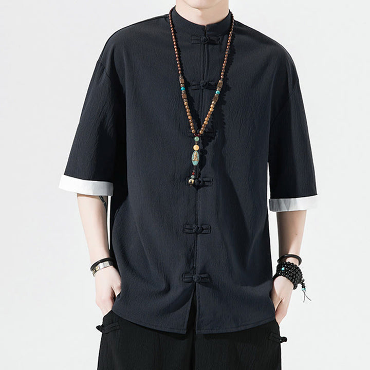 Camisa de manga corta para hombre con diseño de botones de rana y traje Tang liso con Buddha Stones