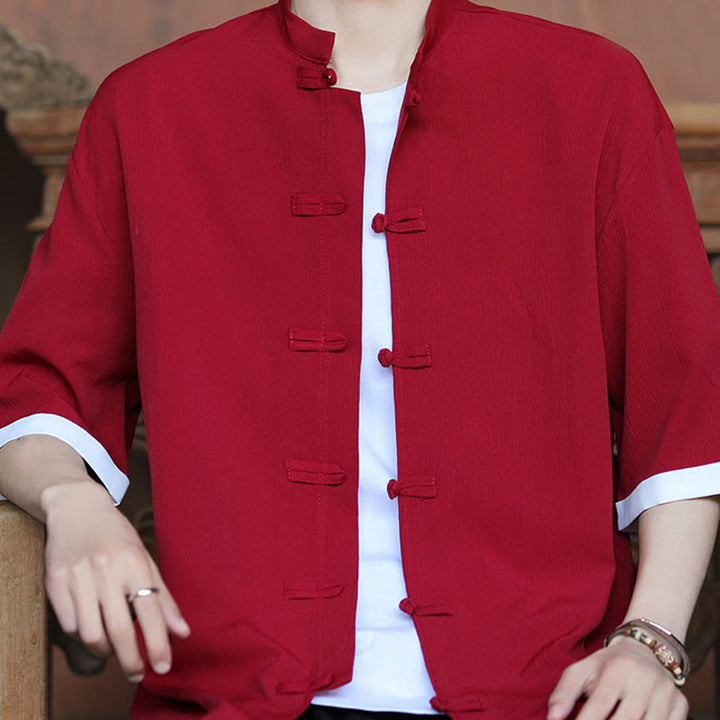 Camisa de manga corta para hombre con diseño de botones de rana y traje Tang liso con Buddha Stones