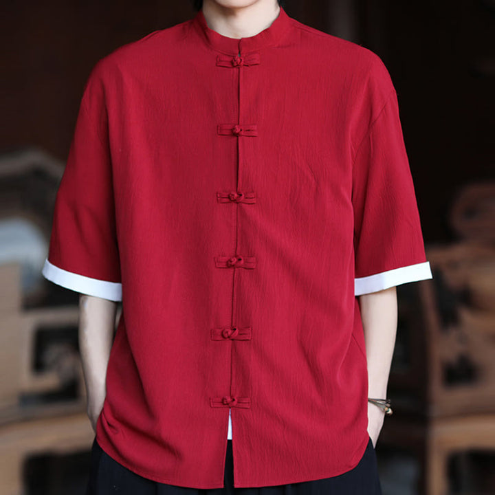 Camisa de manga corta para hombre con diseño de botones de rana y traje Tang liso con Buddha Stones