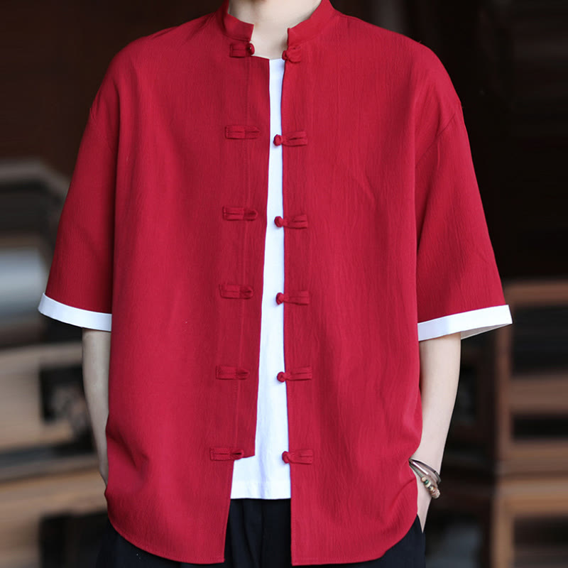 Camisa de manga corta para hombre con diseño de botones de rana y traje Tang liso con Buddha Stones