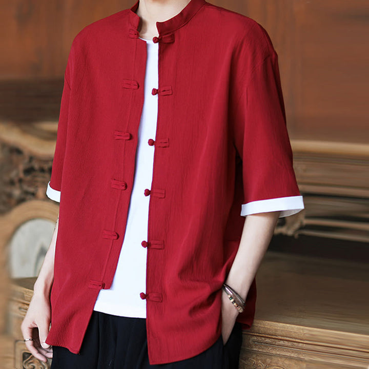 Camisa de manga corta para hombre con diseño de botones de rana y traje Tang liso con Buddha Stones