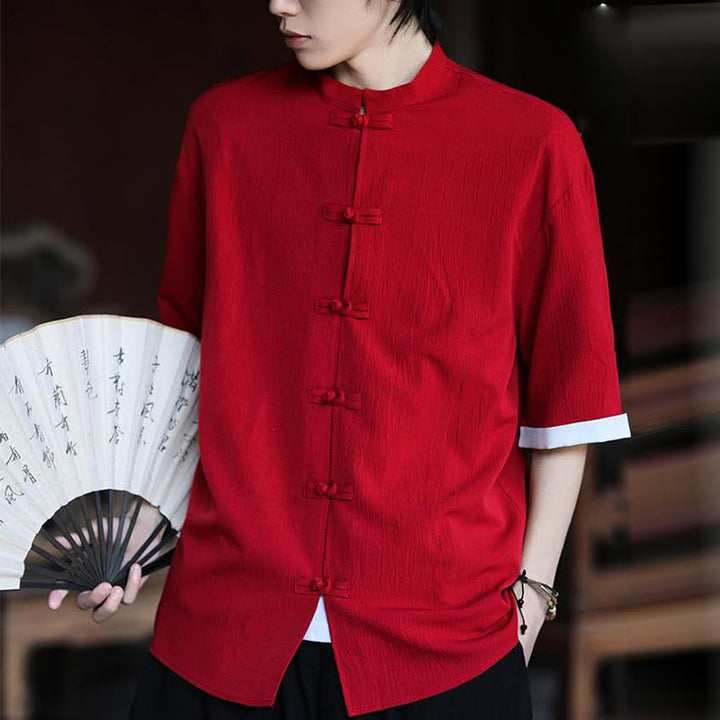 Camisa de manga corta para hombre con diseño de botones de rana y traje Tang liso con Buddha Stones