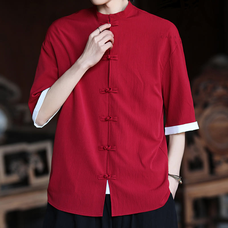 Camisa de manga corta para hombre con diseño de botones de rana y traje Tang liso con Buddha Stones