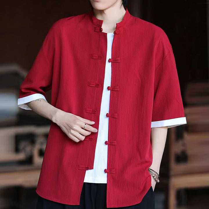 Camisa de manga corta para hombre con diseño de botones de rana y traje Tang liso con Buddha Stones