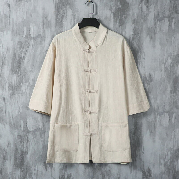 Camisa de lino de media manga para hombre con diseño de botones de rana y bolsillos, color liso, con Buddha Stones