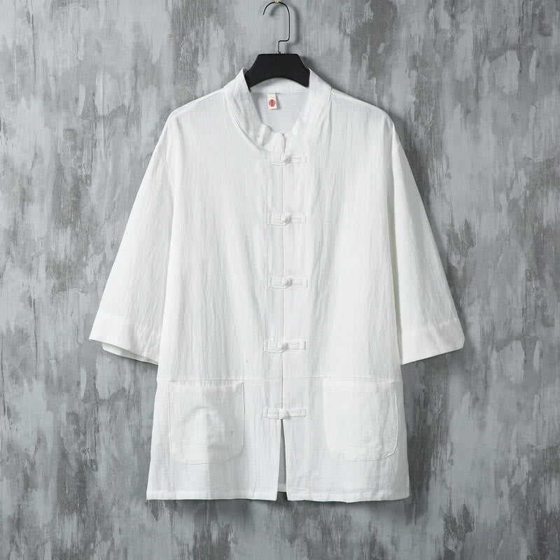 Camisa de lino de media manga para hombre con diseño de botones de rana y bolsillos, color liso, con Buddha Stones