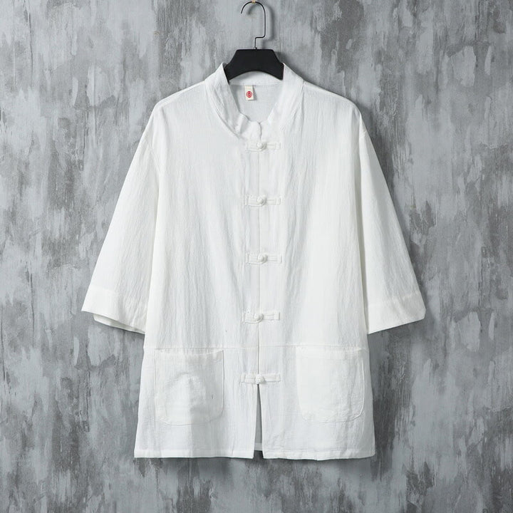 Camisa de lino de media manga para hombre con diseño de botones de rana y bolsillos, color liso, con Buddha Stones