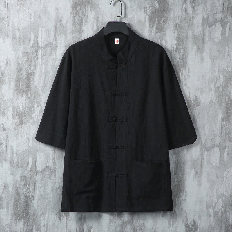 Camisa de lino de media manga para hombre con diseño de botones de rana y bolsillos, color liso, con Buddha Stones