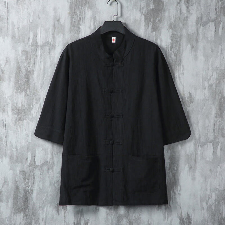 Camisa de lino de media manga para hombre con diseño de botones de rana y bolsillos, color liso, con Buddha Stones