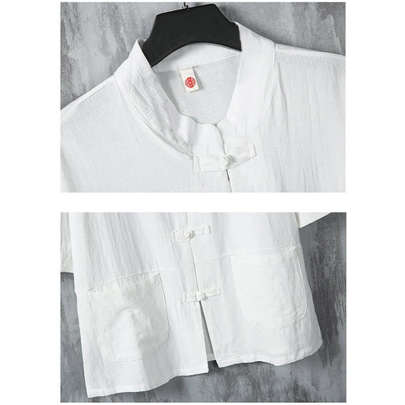 Camisa de lino de media manga para hombre con diseño de botones de rana y bolsillos, color liso, con Buddha Stones