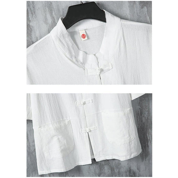 Camisa de lino de media manga para hombre con diseño de botones de rana y bolsillos, color liso, con Buddha Stones
