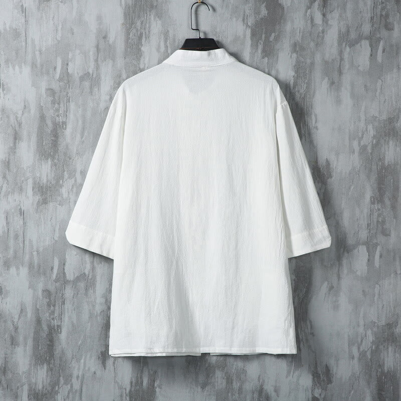 Camisa de lino de media manga para hombre con diseño de botones de rana y bolsillos, color liso, con Buddha Stones