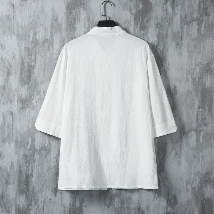 Camisa de lino de media manga para hombre con diseño de botones de rana y bolsillos, color liso, con Buddha Stones