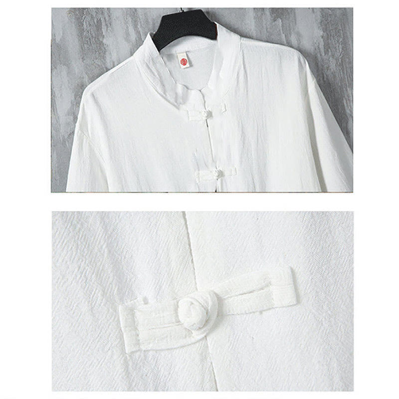 Camisa de lino de media manga para hombre con diseño de botones de rana y bolsillos, color liso, con Buddha Stones
