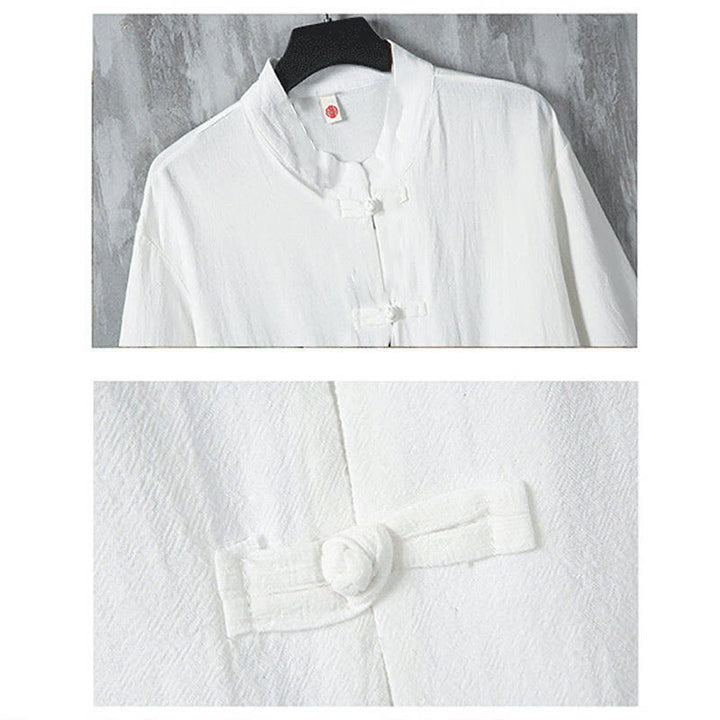 Camisa de lino de media manga para hombre con diseño de botones de rana y bolsillos, color liso, con Buddha Stones