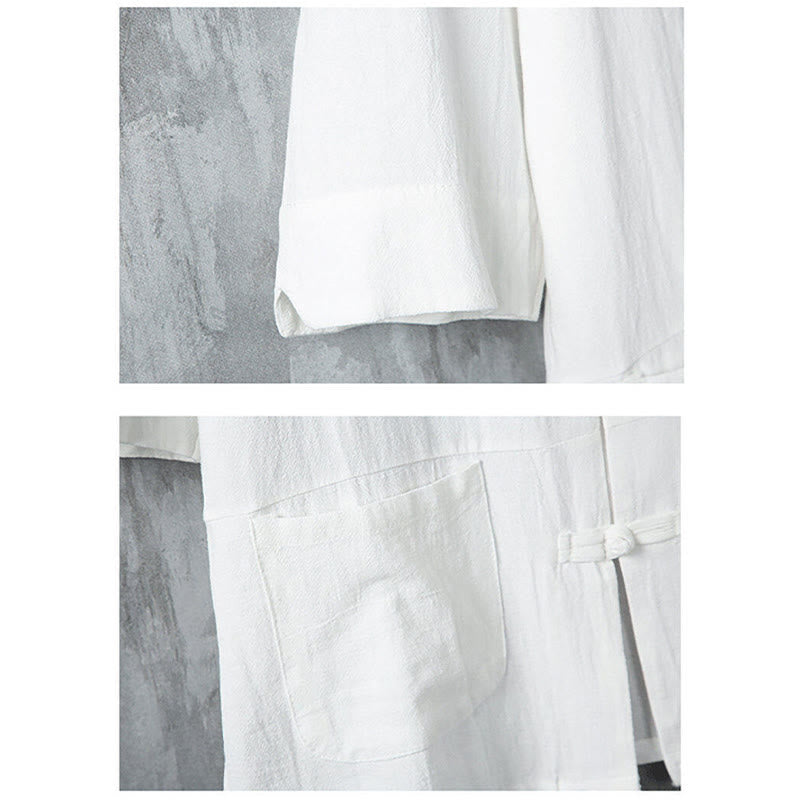 Camisa de lino de media manga para hombre con diseño de botones de rana y bolsillos, color liso, con Buddha Stones