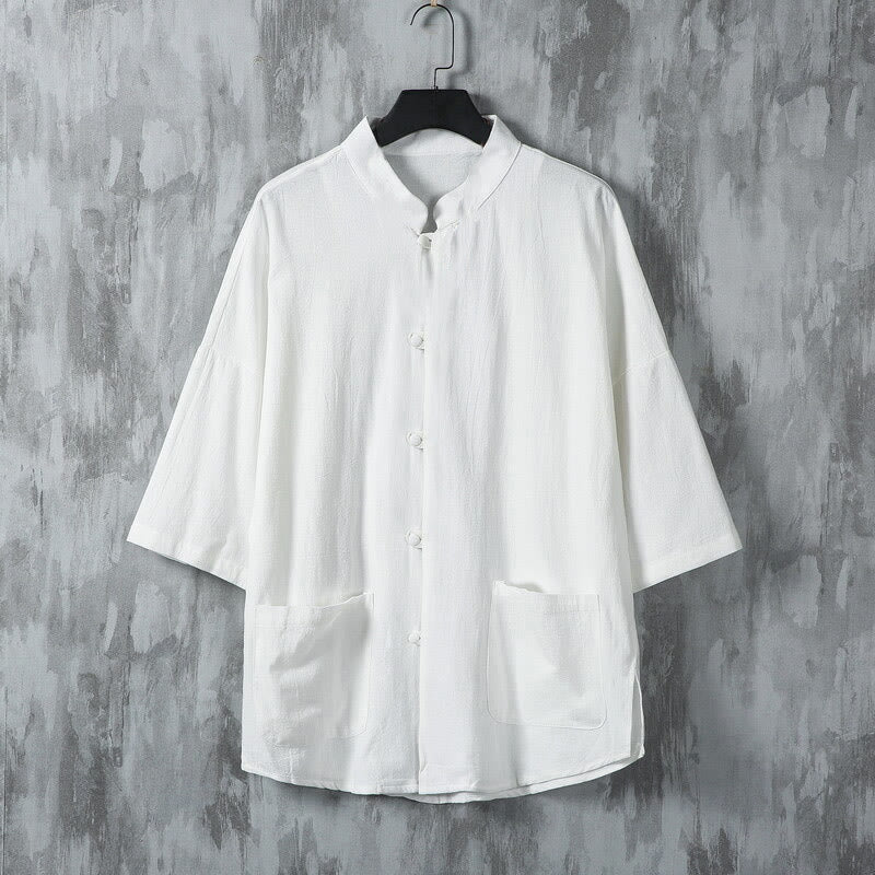 Camisa de lino de media manga para hombre con bolsillos y diseño de traje Tang de color liso de verano con Buddha Stones