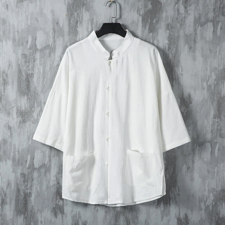 Camisa de lino de media manga para hombre con bolsillos y diseño de traje Tang de color liso de verano con Buddha Stones