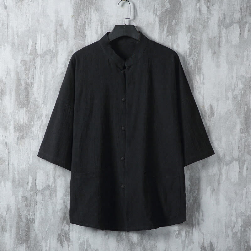 Camisa de lino de media manga para hombre con bolsillos y diseño de traje Tang de color liso de verano con Buddha Stones