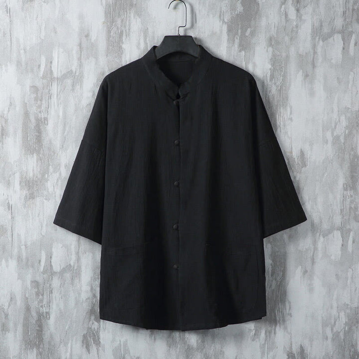 Camisa de lino de media manga para hombre con bolsillos y diseño de traje Tang de color liso de verano con Buddha Stones