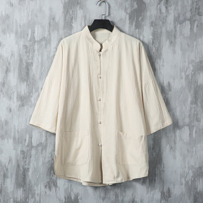 Camisa de lino de media manga para hombre con bolsillos y diseño de traje Tang de color liso de verano con Buddha Stones - Lino - US/UK/AU46, EU56 (5XL) - image 0