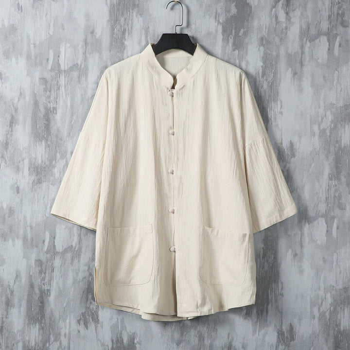 Camisa de lino de media manga para hombre con bolsillos y diseño de traje Tang de color liso de verano con Buddha Stones - Lino - US/UK/AU46, EU56 (5XL) - image 0