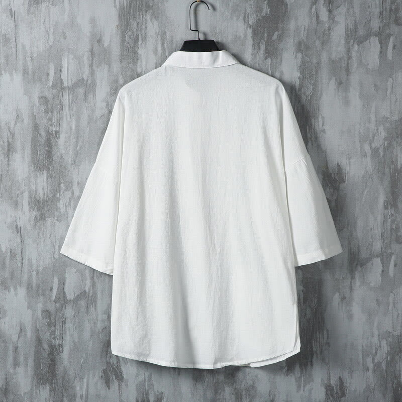 Camisa de lino de media manga para hombre con bolsillos y diseño de traje Tang de color liso de verano con Buddha Stones