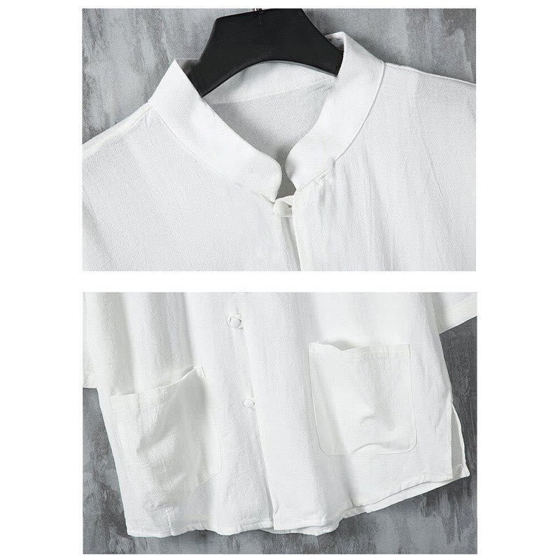 Camisa de lino de media manga para hombre con bolsillos y diseño de traje Tang de color liso de verano con Buddha Stones