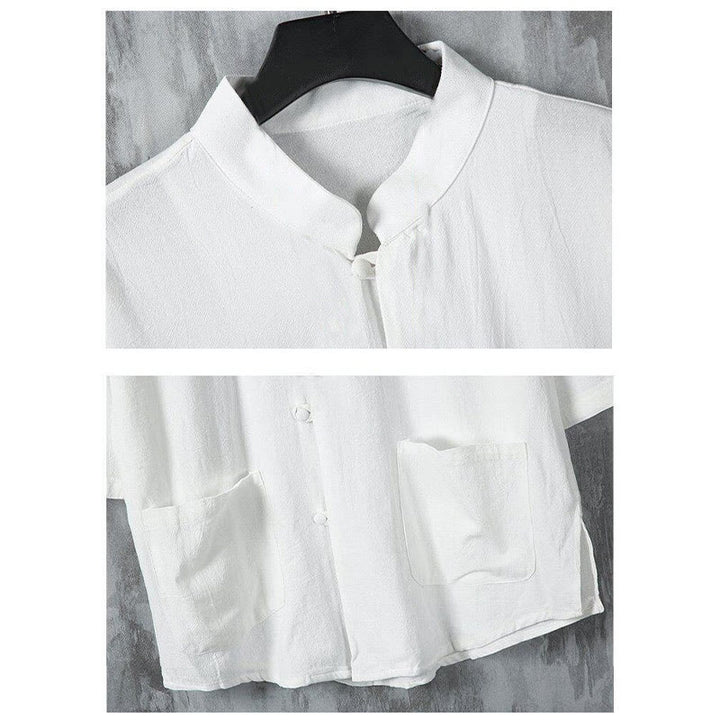 Camisa de lino de media manga para hombre con bolsillos y diseño de traje Tang de color liso de verano con Buddha Stones