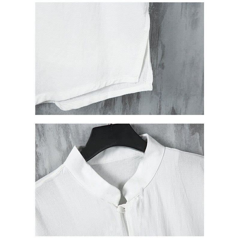 Camisa de lino de media manga para hombre con bolsillos y diseño de traje Tang de color liso de verano con Buddha Stones