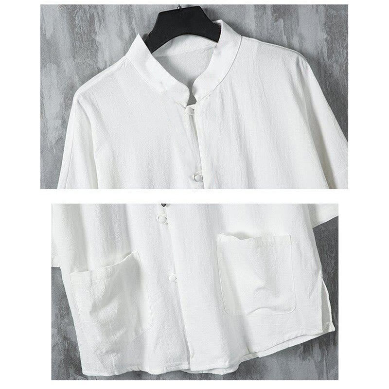 Camisa de lino de media manga para hombre con bolsillos y diseño de traje Tang de color liso de verano con Buddha Stones