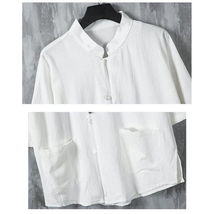 Camisa de lino de media manga para hombre con bolsillos y diseño de traje Tang de color liso de verano con Buddha Stones