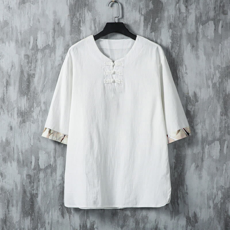 Camisa de lino para hombre de media manga con botones de rana y hojas de bambú amarillas de verano con Buddha Stones