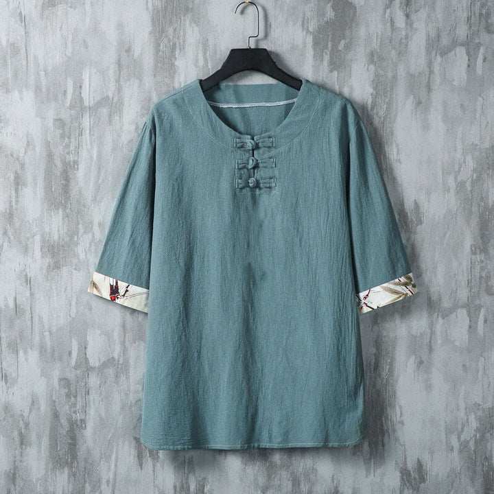 Camisa de lino para hombre de media manga con botones de rana y hojas de bambú amarillas de verano con Buddha Stones