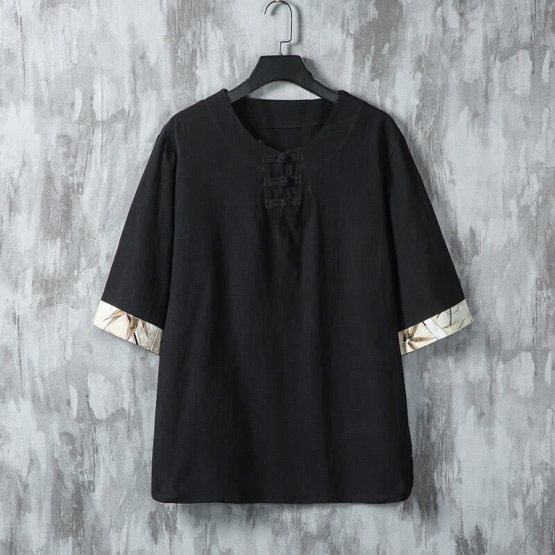 Camisa de lino para hombre de media manga con botones de rana y hojas de bambú amarillas de verano con Buddha Stones