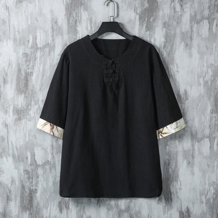 Camisa de lino para hombre de media manga con botones de rana y hojas de bambú amarillas de verano con Buddha Stones