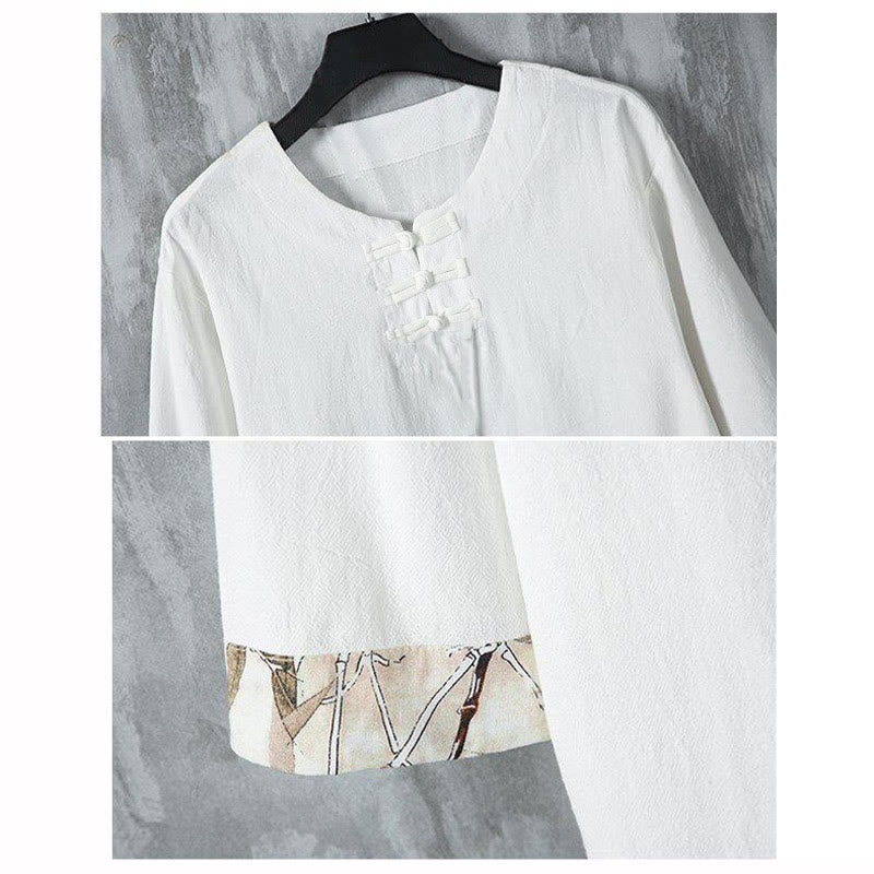 Camisa de lino para hombre de media manga con botones de rana y hojas de bambú amarillas de verano con Buddha Stones