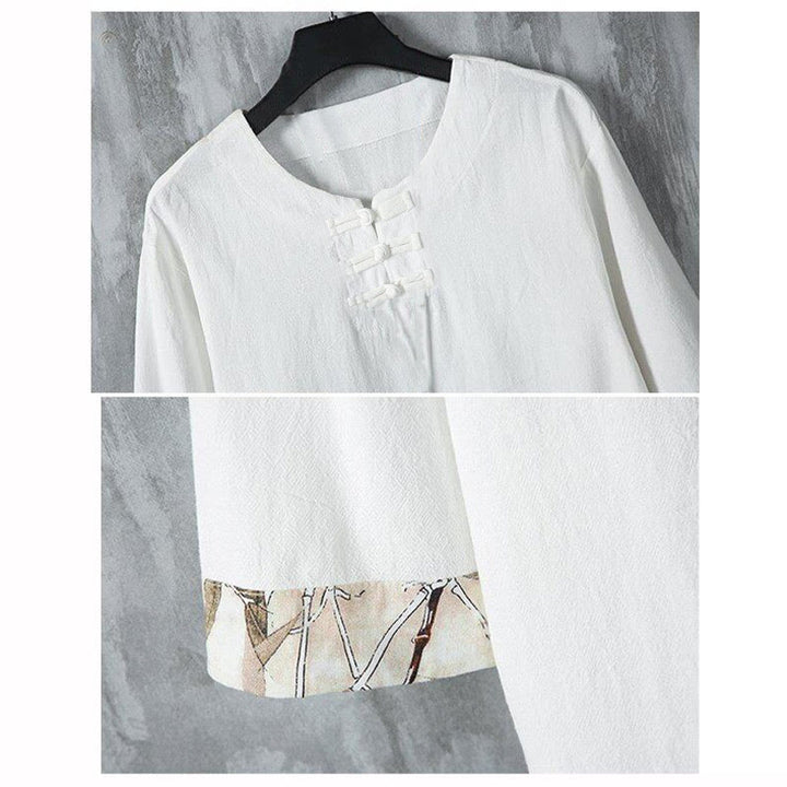 Camisa de lino para hombre de media manga con botones de rana y hojas de bambú amarillas de verano con Buddha Stones