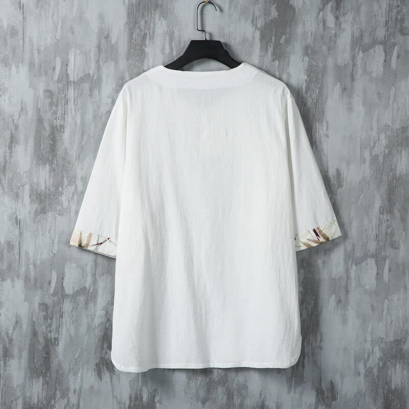 Camisa de lino para hombre de media manga con botones de rana y hojas de bambú amarillas de verano con Buddha Stones
