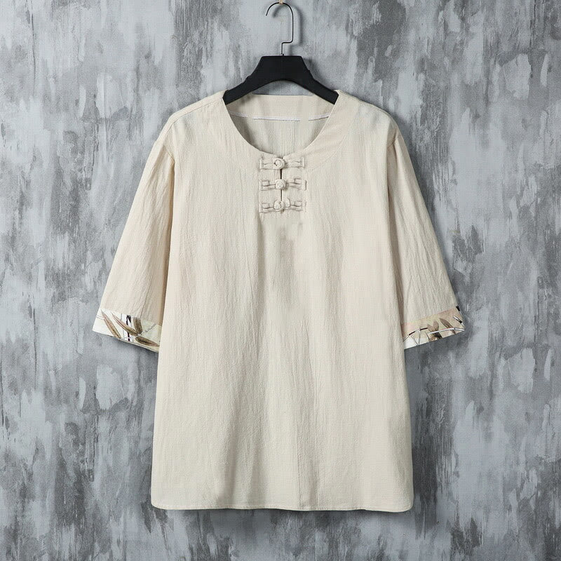 Camisa de lino para hombre de media manga con botones de rana y hojas de bambú amarillas de verano con Buddha Stones