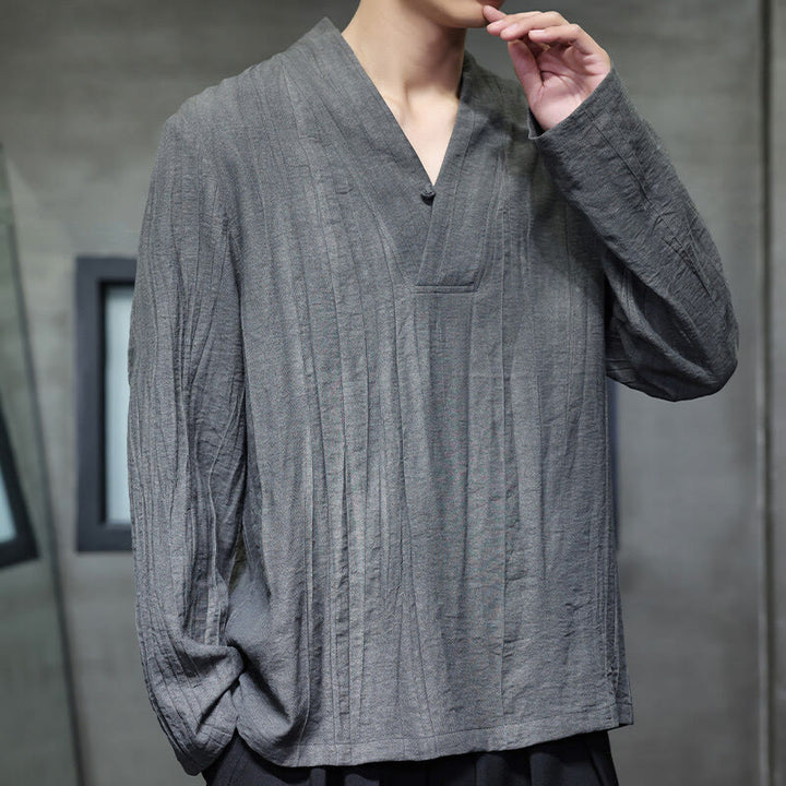 Camisa de lino para hombre de manga larga con cuello en V y estampado de Buddha Stones - image 1