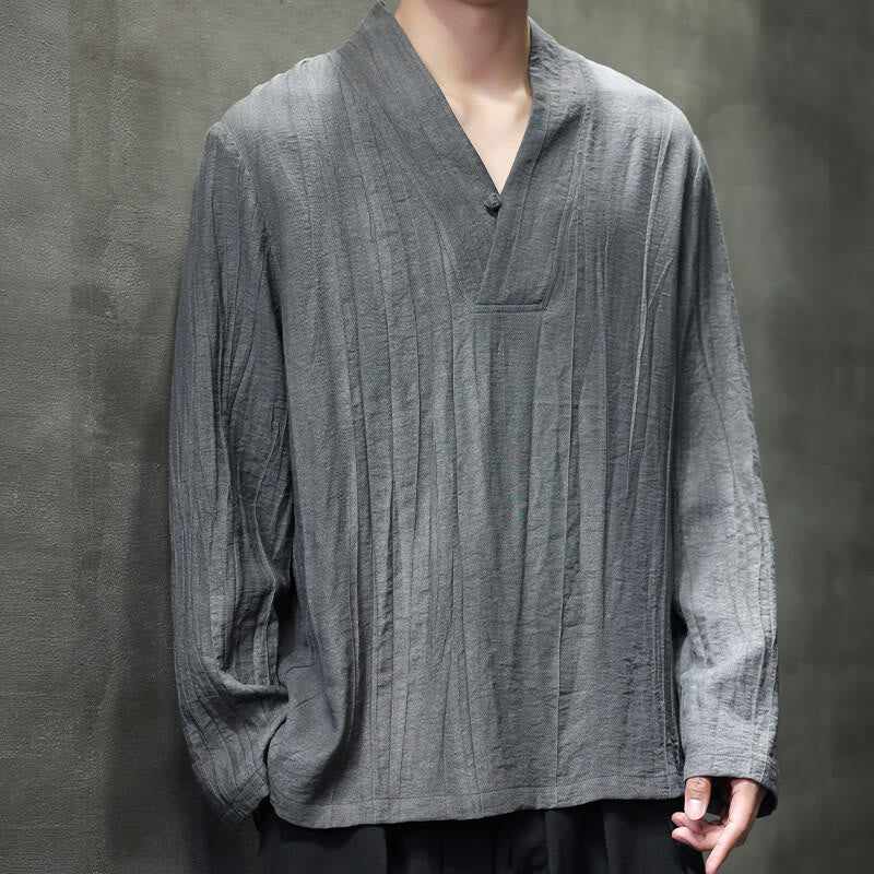 Camisa de lino para hombre de manga larga con cuello en V y estampado de Buddha Stones - Gris - US/UK/AU46, EU56 (5XL) - image 0