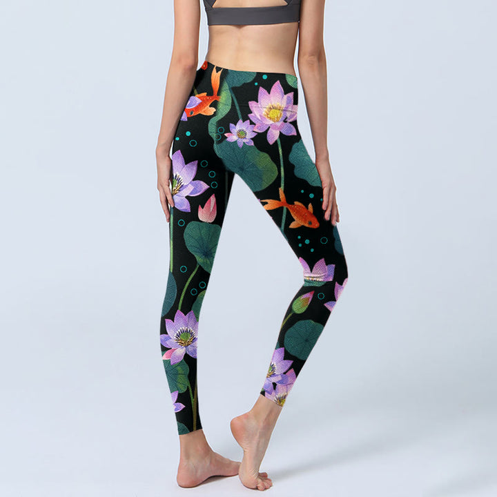 Leggings de yoga para mujer con estampado de flores de loto moradas y hojas de loto, Buddha Stones y peces koi - image 3